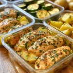 Close-up of a Healthy Lemon Garlic Chicken Meal Prep Bowl with vibrant vegetables.