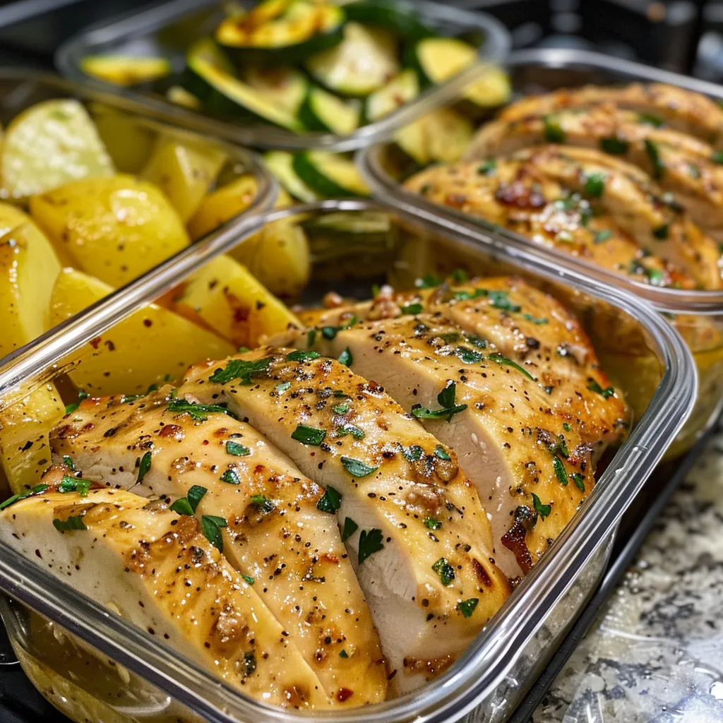 Side view of a meal prep bowl featuring lemon garlic chicken, zucchini, and potatoes.