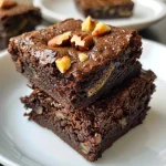 Close-up side view of healthy vegan banana brownies topped with walnuts.