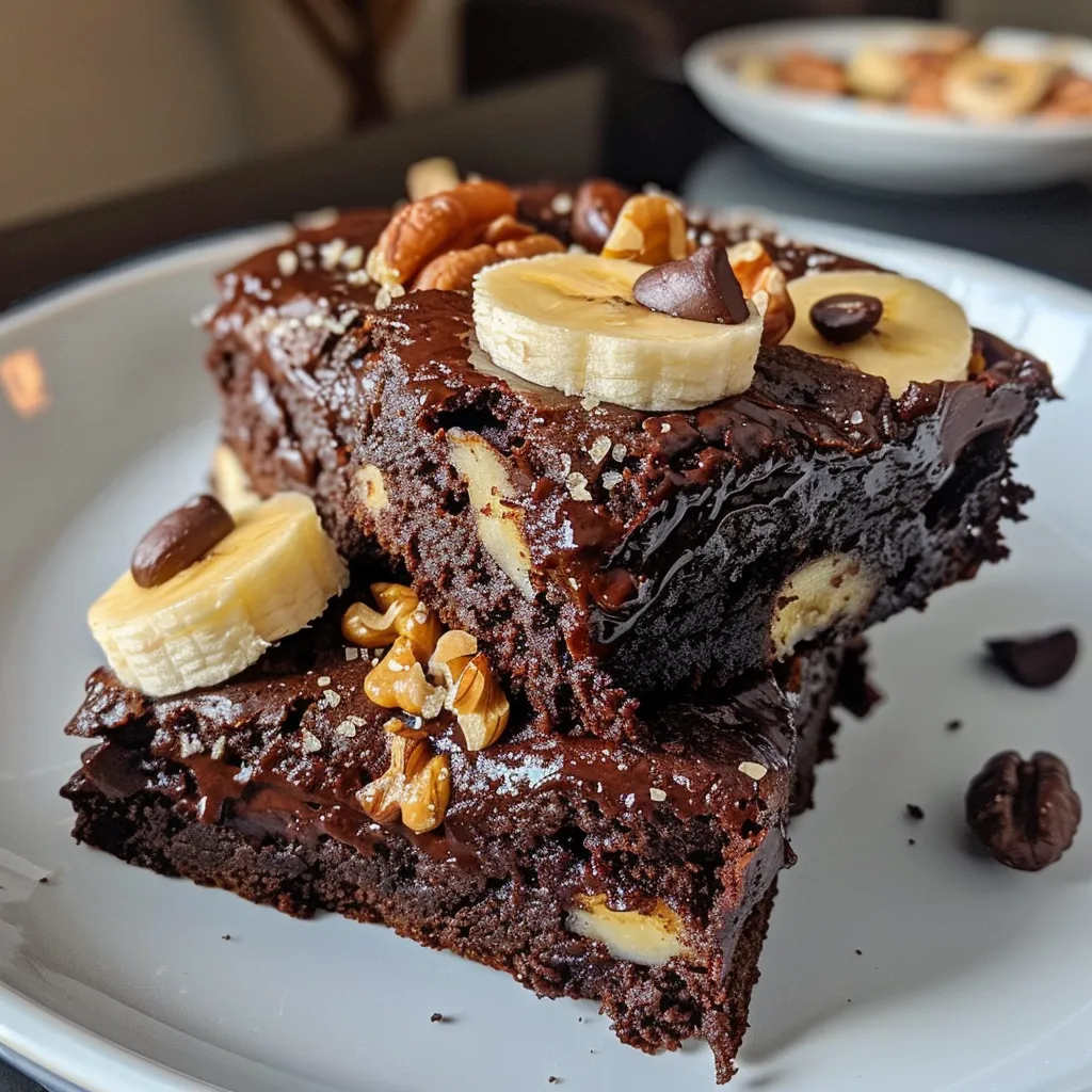 Juicy, moist vegan banana brownies with a rich chocolate color and visible walnut pieces.