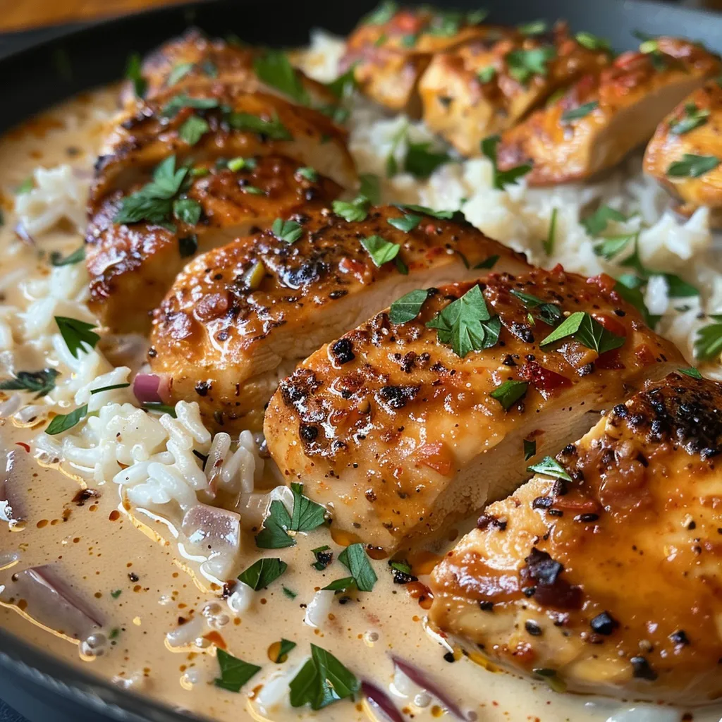 Close-up of creamy Cajun chicken with rice, showcasing vibrant colors and textures.
