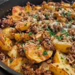 Close-up view of Hobo Casserole with ground beef and melted cheese.