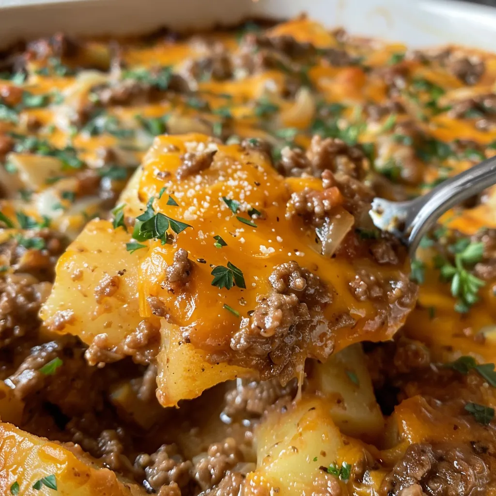 Side angle of Hobo Casserole featuring layers of beef and potatoes.