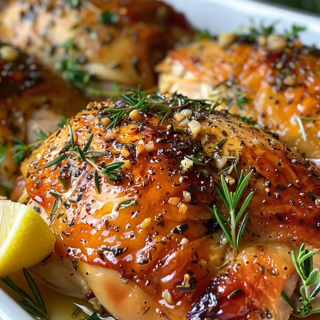 Golden-brown roasted chicken thighs garnished with rosemary and lemon wedges.