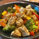 Close-up view of a colorful homemade chicken stir fry featuring assorted vegetables.