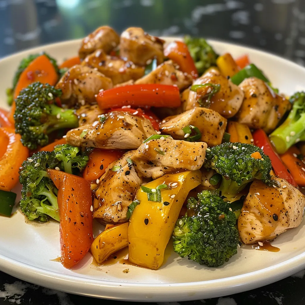 Juicy chicken stir fry with vibrant broccoli, bell peppers, and carrots in a glossy sauce.