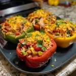 Close-up of juicy chicken stuffed peppers filled with colorful ingredients.