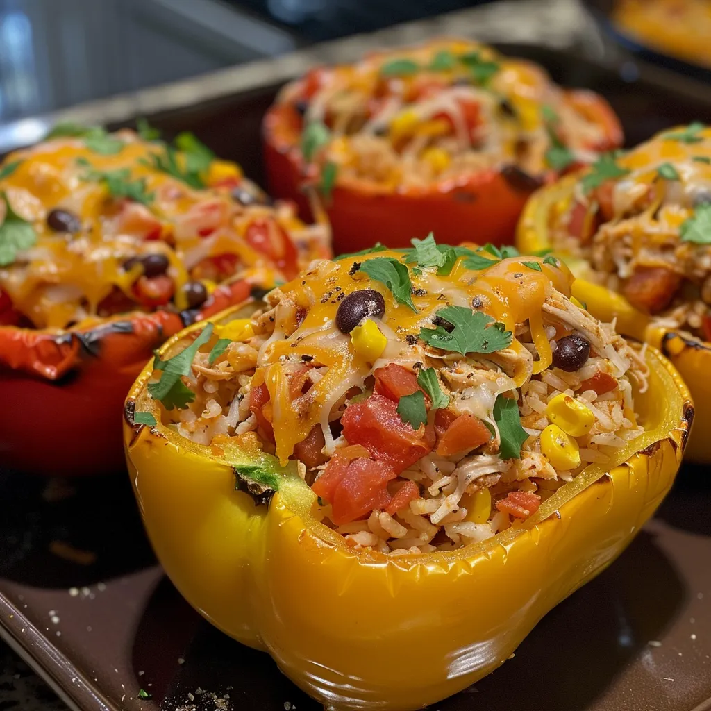 Side view of vibrant bell peppers displaying shredded chicken and toppings.
