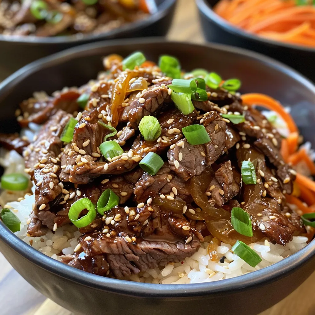 Side view of a delicious Korean BBQ Beef Bulgogi rice bowl, highlighting sliced beef, onions, and garnishes.