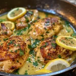 Juicy Lemon Butter Chicken Skillet with golden-brown chicken breasts and a glossy sauce.