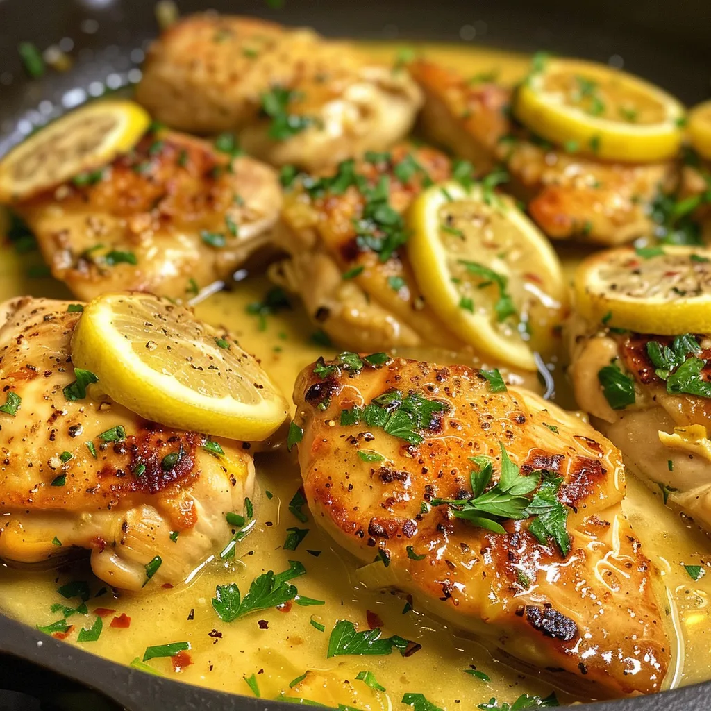 Close-up view of a skillet filled with Lemon Butter Chicken, garnished with parsley.