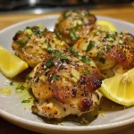 A close-up view of golden Lemon Garlic Chicken garnished with parsley.