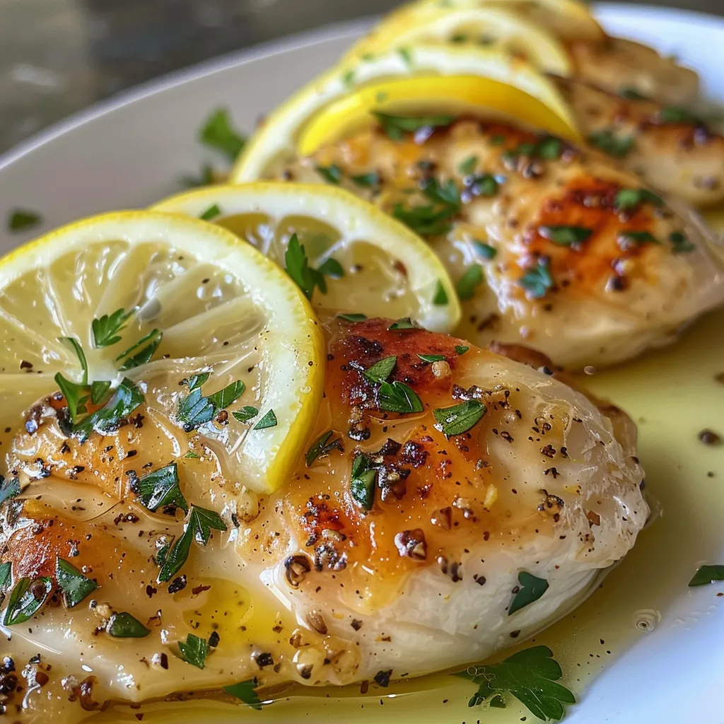 Close-up of tender chicken breasts cooked in lemon garlic sauce.