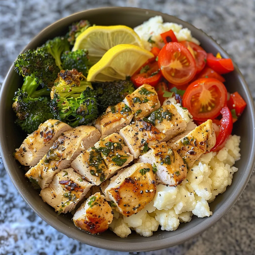 A close-up side view of a colorful lemon herb chicken protein bowl with roasted vegetables and mashed cauliflower.