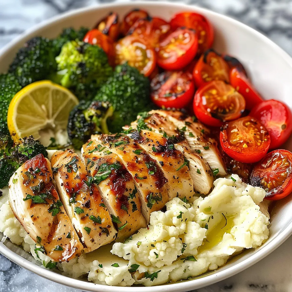 Juicy lemon herb chicken served in a bowl with broccoli, bell peppers, cottage cheese, and lemon wedges.