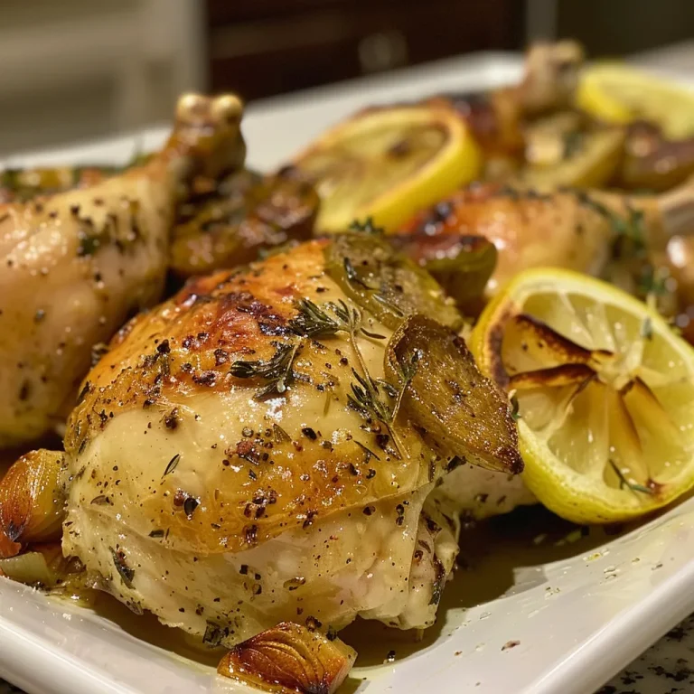 Juicy lemon and herb roasted chicken thighs with golden skin on a white plate.
