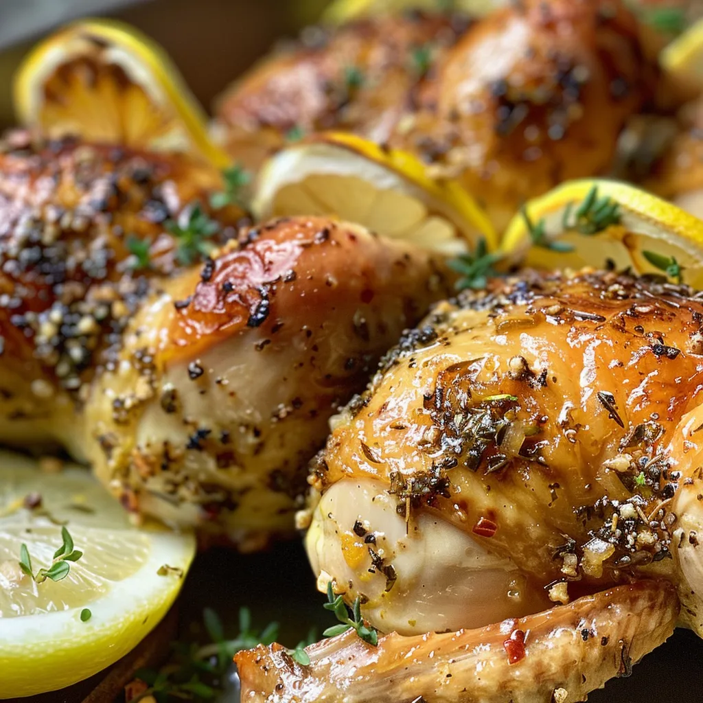 Close-up view of seasoned chicken thighs garnished with lemon slices and herbs.