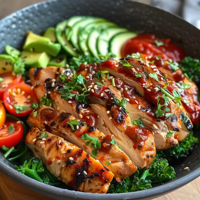 Close-up view of a low carb chicken bowl featuring cauliflower rice, fresh vegetables, and sauce.