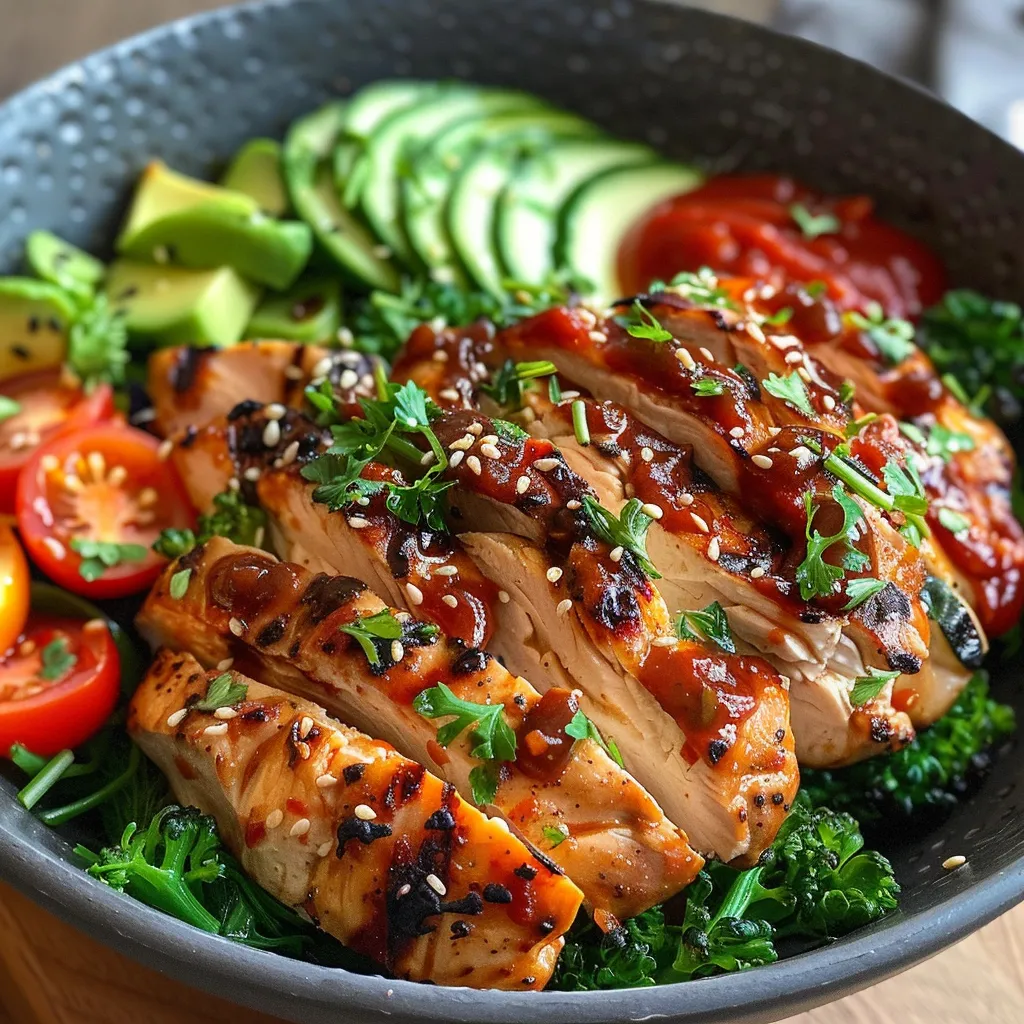 A close-up view of a low carb chicken bowl featuring diced chicken, cauliflower rice, and colorful fresh vegetables.