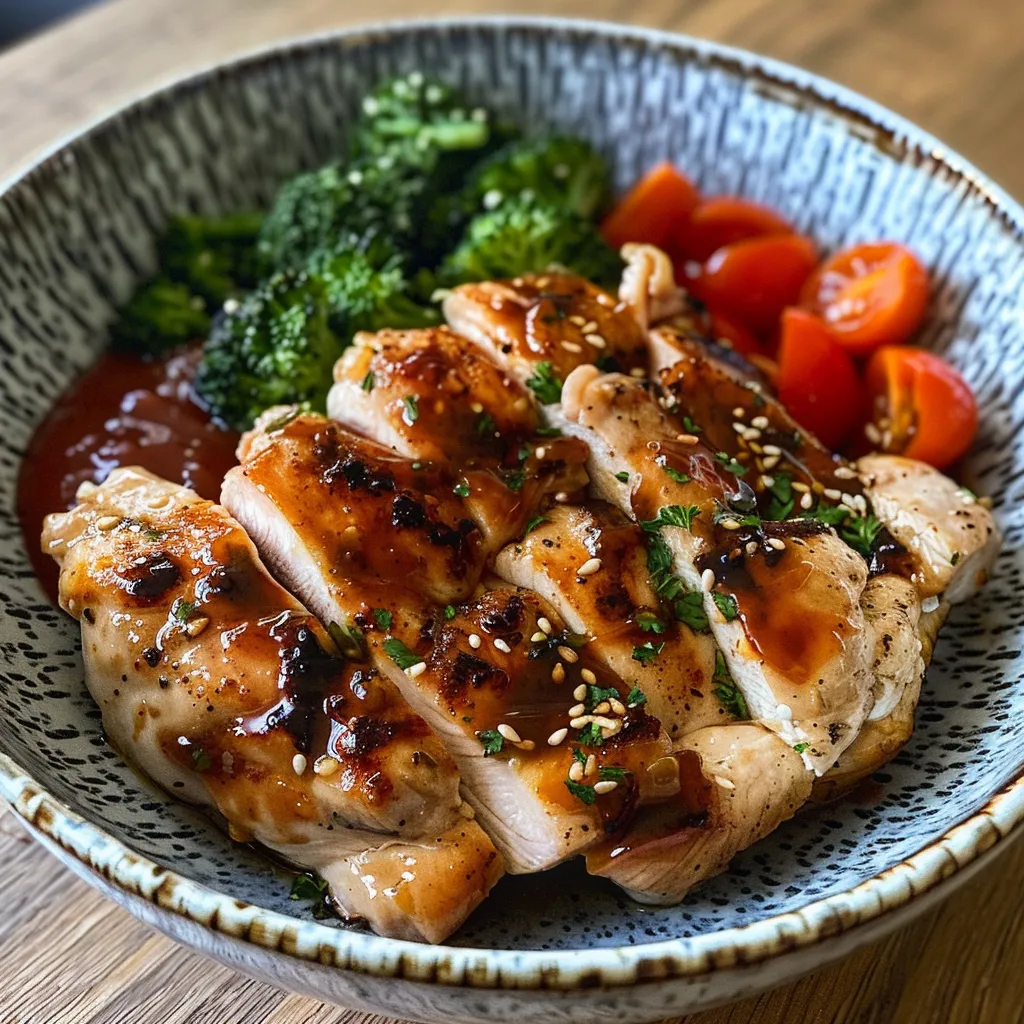 Side view of a colorful low carb chicken bowl with broccoli, carrots, cherry tomatoes, and spinach.