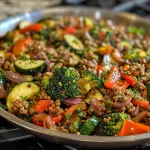 Close-up shot of a colorful ground beef and vegetable skillet.