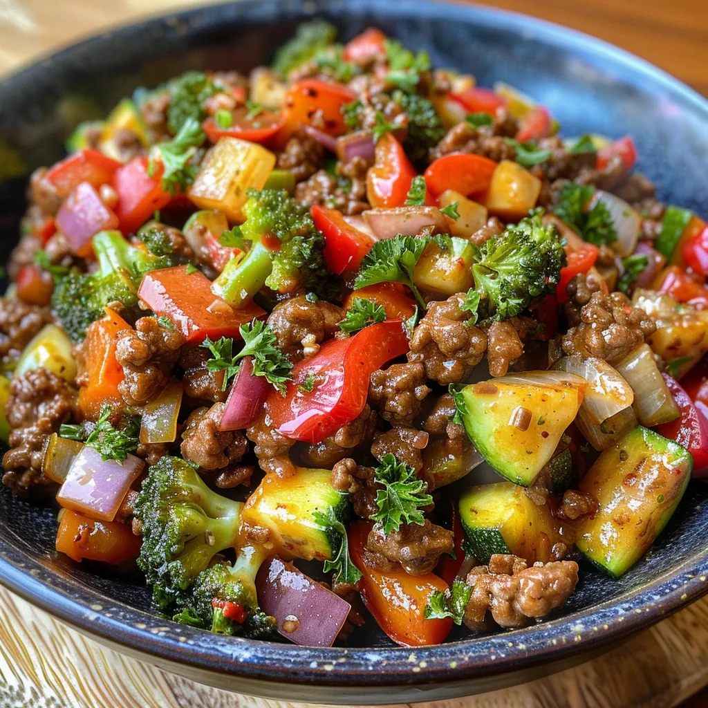 Juicy ground beef mixed with vibrant vegetables in a skillet.