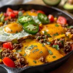 Close-up of a sizzling Mexican Beef and Egg Skillet with colorful bell peppers and eggs.