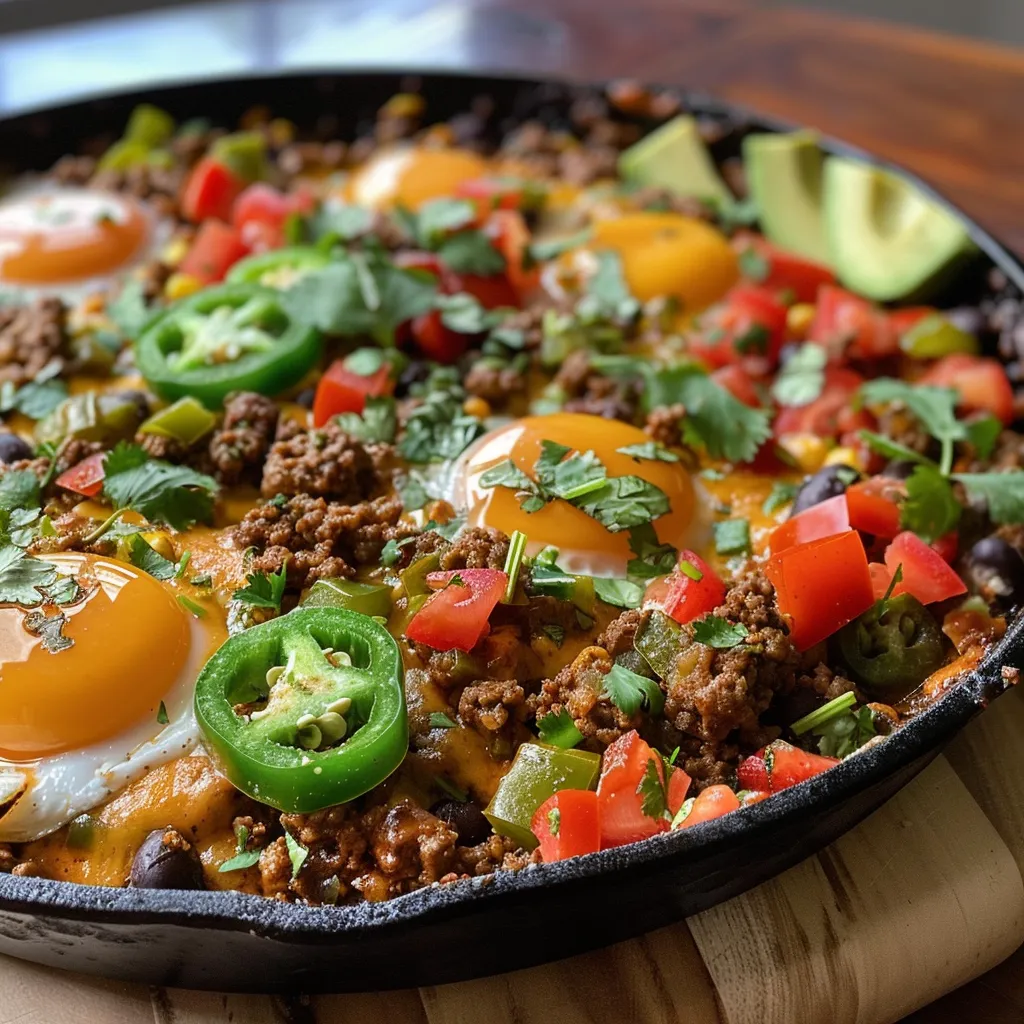 Side view of a vibrant Beef and Egg Skillet, showcasing ground beef, vegetables, and eggs.