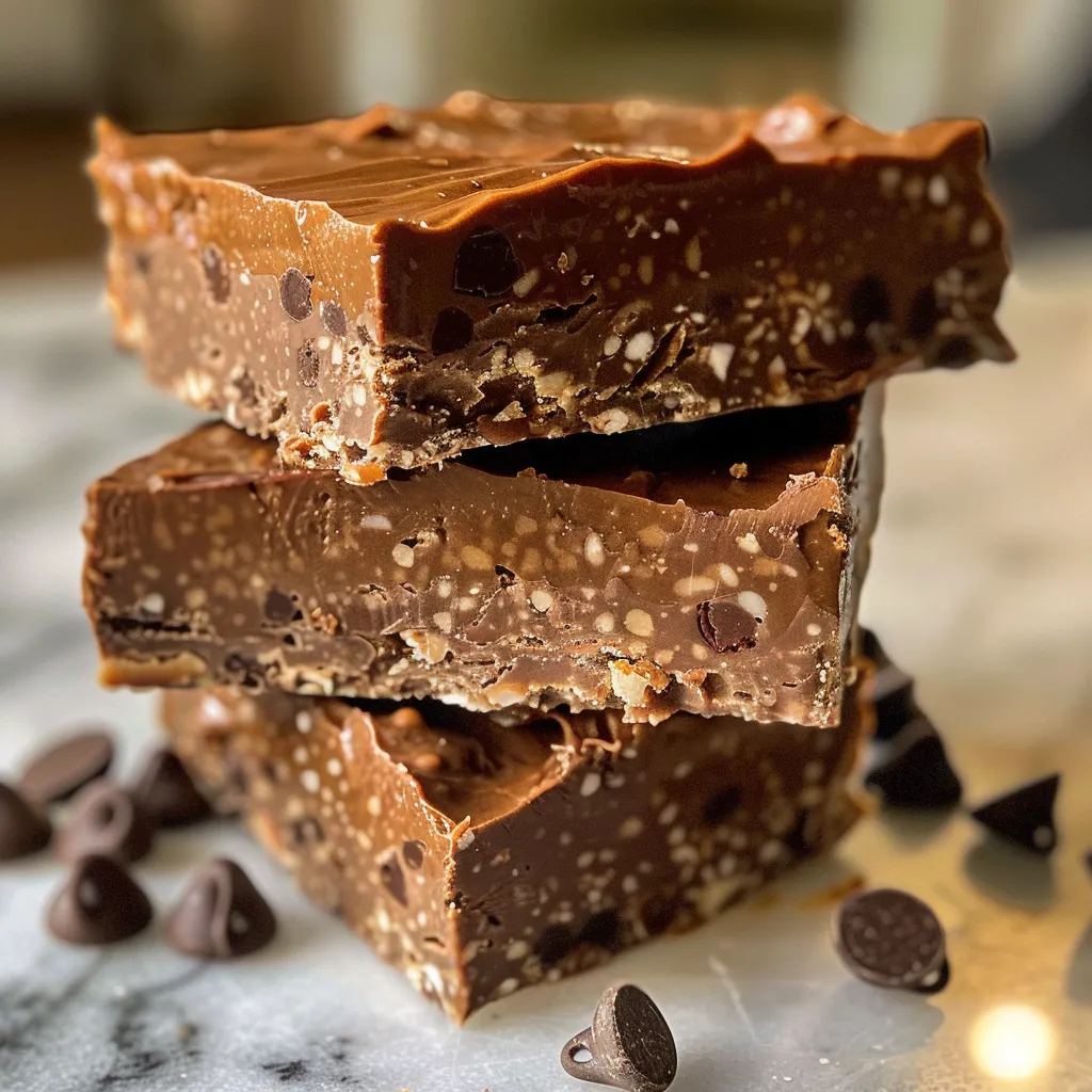 Side view of chewy No Bake Chocolate Protein Bars stacked on a plate, showcasing their texture.