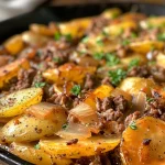 Juicy One-Pan Beef & Potato Bake with golden-brown potatoes and beef, garnished with parsley.