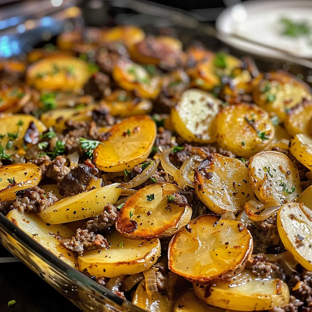 Close-up of a hearty beef and potato bake, with sliced potatoes and minced garlic visible.