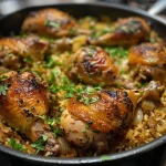 Close-up view of One Pot Chicken and Rice in a bowl, featuring juicy chicken thighs and vibrant green onions.