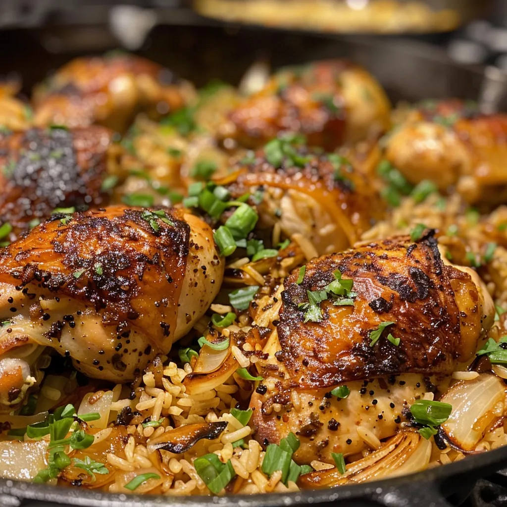 Side angle shot of a serving of One Pot Chicken and Rice, showcasing rice grains and spices.
