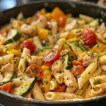 Close-up of a colorful One Pot Chicken Primavera Pasta with diced vegetables and chicken pieces.