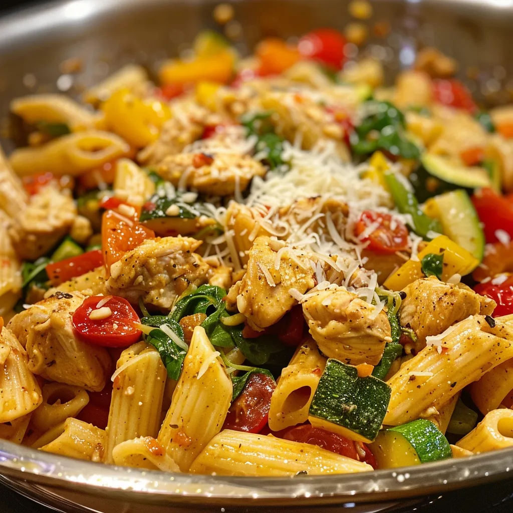 Side view of a bowl filled with One Pot Chicken Primavera Pasta, featuring fresh ingredients like zucchini and cherry tomatoes.