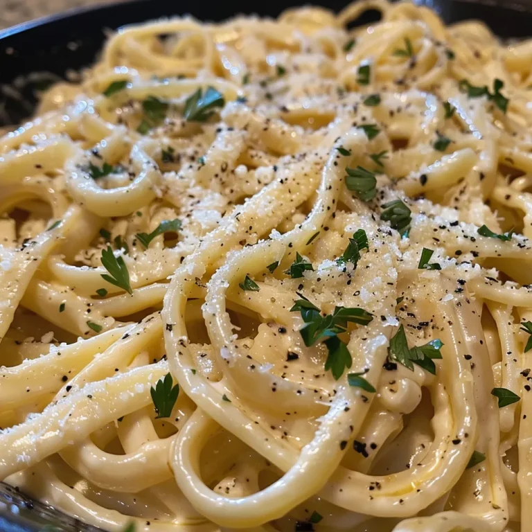 Close-up view of creamy garlic pasta with a sprinkle of parsley.