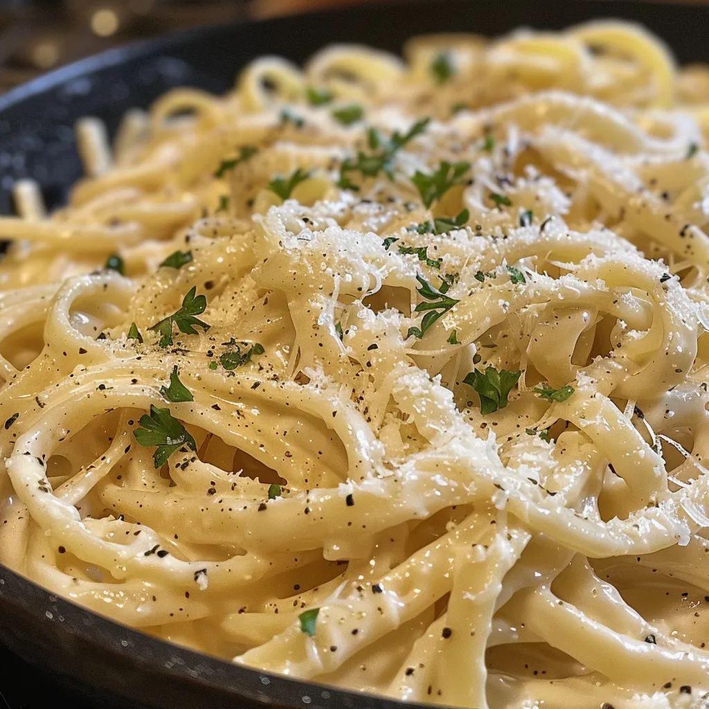 Side view of a delicious bowl of one pot creamy garlic pasta, glistening with sauce.