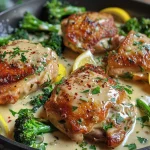 Juicy One Skillet Chicken with a creamy lemon garlic sauce, garnished with fresh herbs.