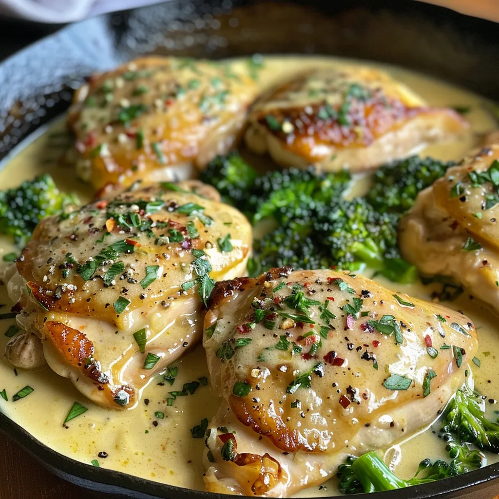 A side view of succulent chicken breasts in a rich lemon garlic cream sauce served with broccolini.