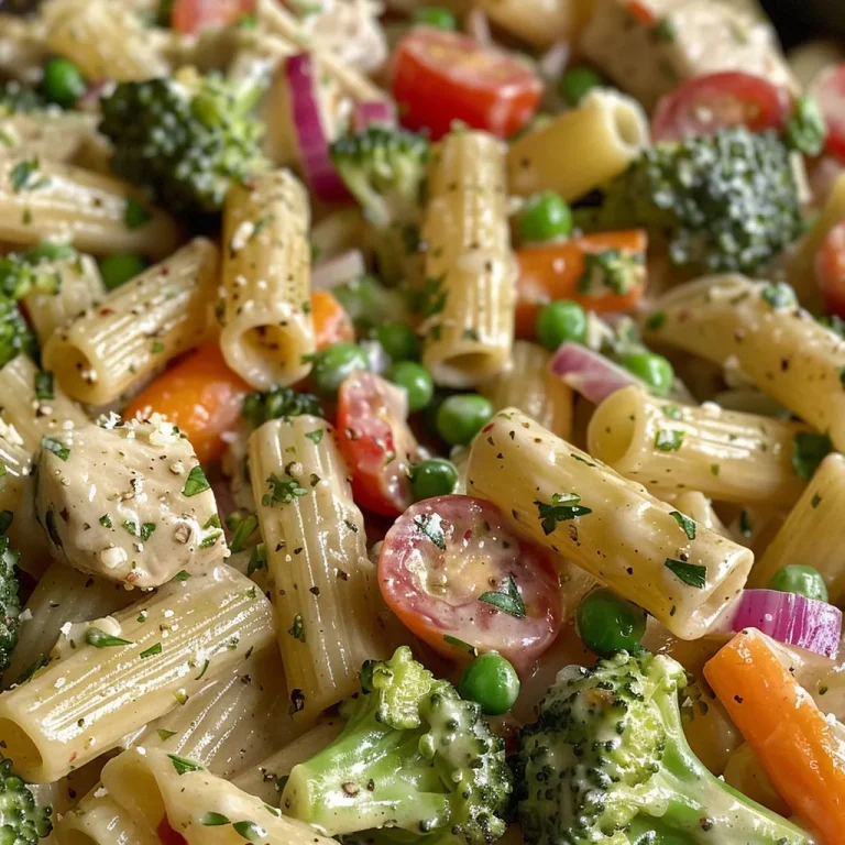 Close-up view of a colorful Pasta Primavera dish with fresh vegetables and pasta.