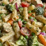 Close-up view of a creamy Pasta Primavera with colorful vegetables.
