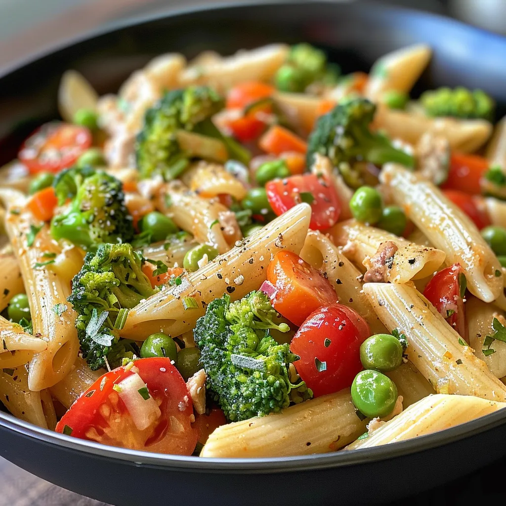 A vibrant plate of Pasta Primavera featuring zucchini, bell peppers, and cherry tomatoes.