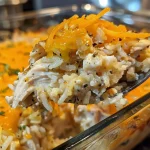 Close-up view of a creamy chicken rice casserole topped with melted cheese.