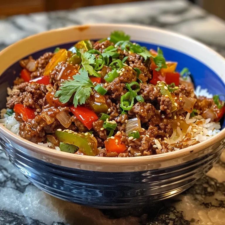 Close-up view of a beef and pepper rice bowl, showcasing colorful ingredients.