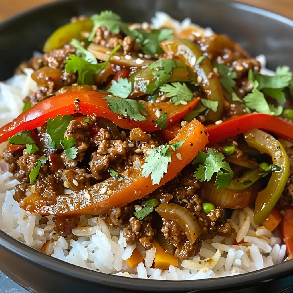 Delicious Quick Beef and Pepper Rice Bowls with vibrant bell peppers and ground beef.