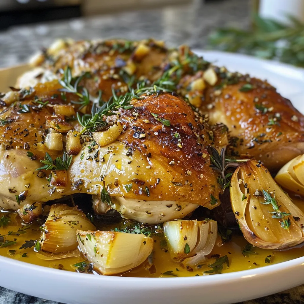 Close-up shot of juicy roasted garlic and herb chicken thighs with golden skin.