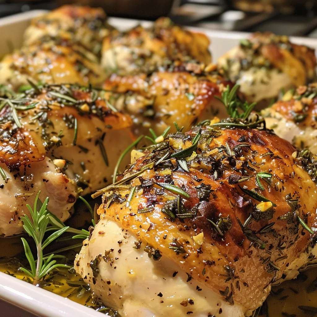 Side view photo highlighting tender roasted chicken thighs garnished with herbs.
