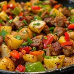 Close-up of a hearty sausage and potato breakfast hash served in a skillet.