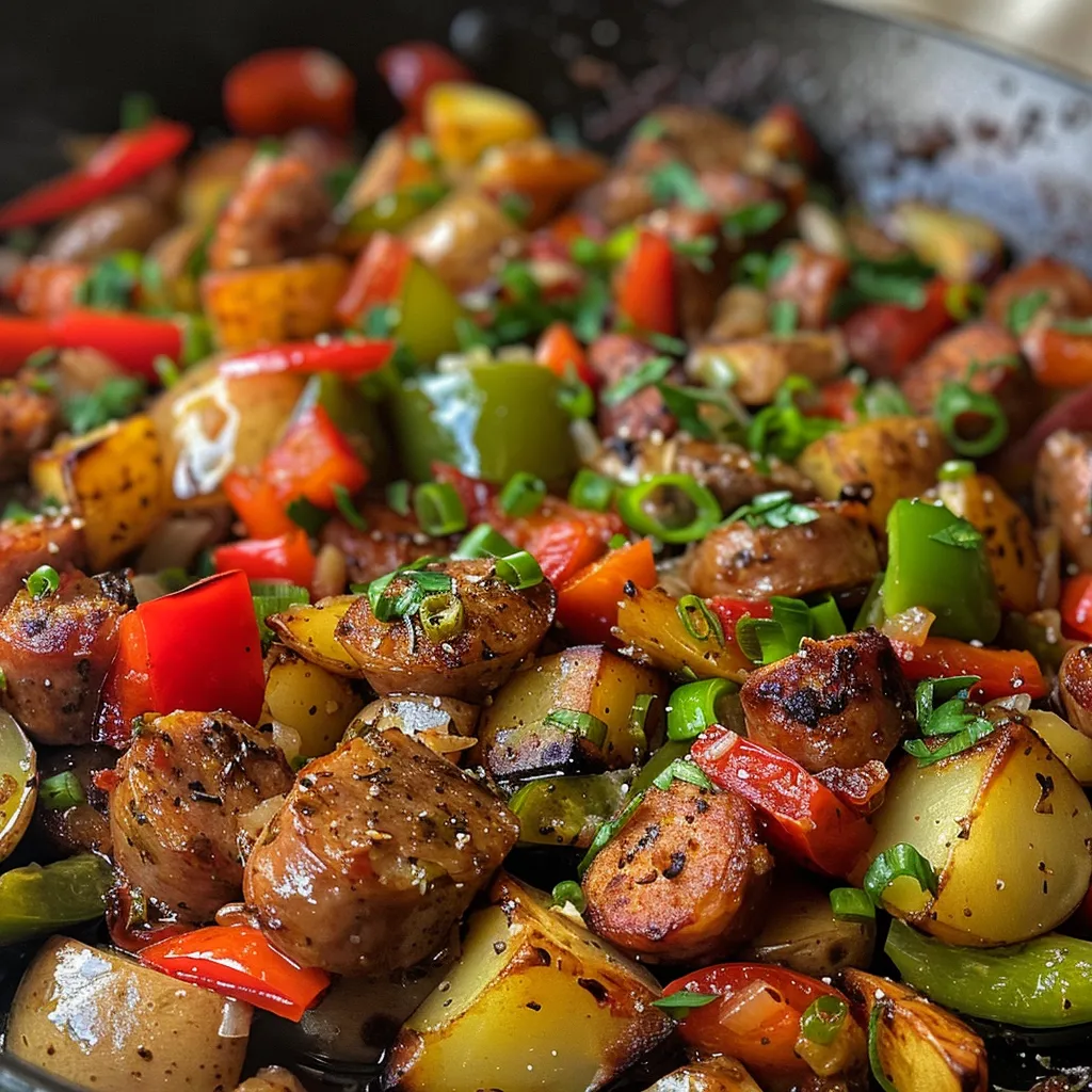 Side view of a colorful breakfast hash with sausage, potatoes, and peppers.