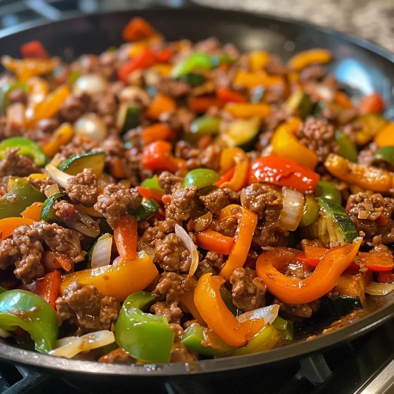 A close-up view of a savory beef and veggie skillet, showcasing colorful bell peppers and zucchini.